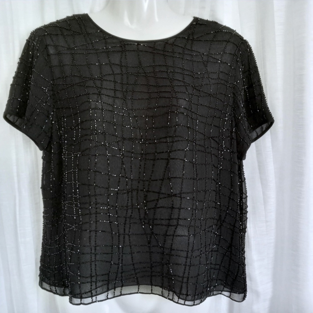 Jones New York Black Beaded Short Sleeve Blouse